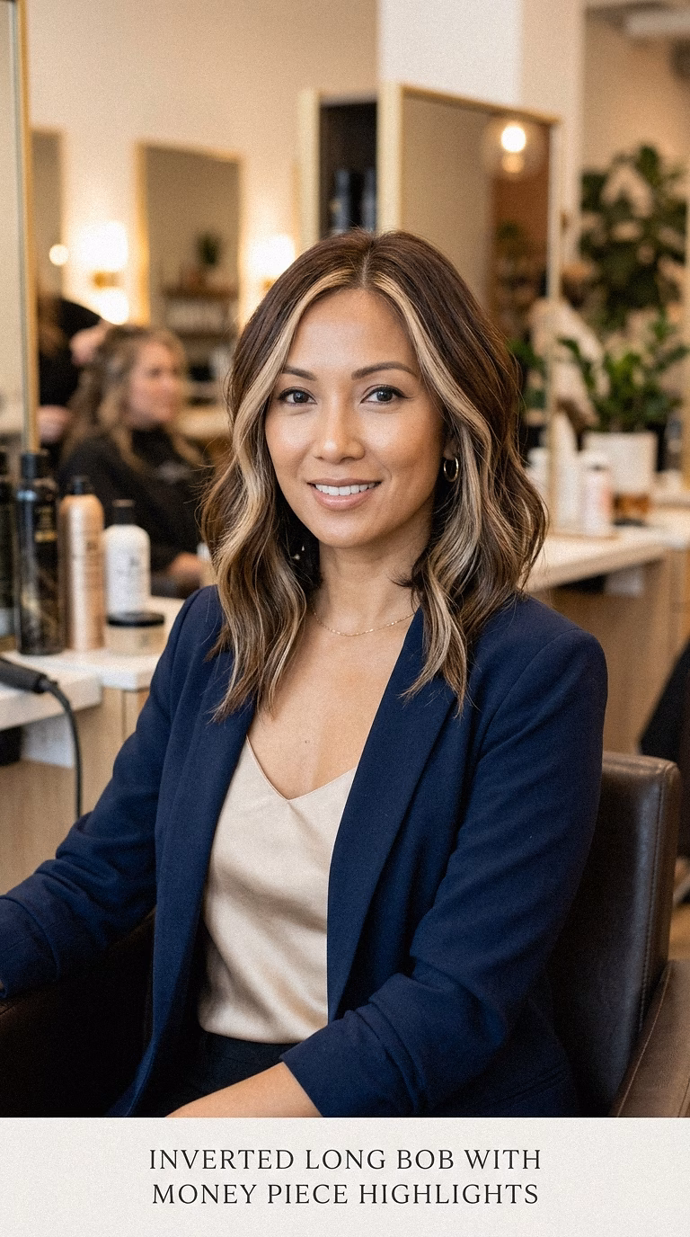 Inverted Long Bob With Money Piece Highlights