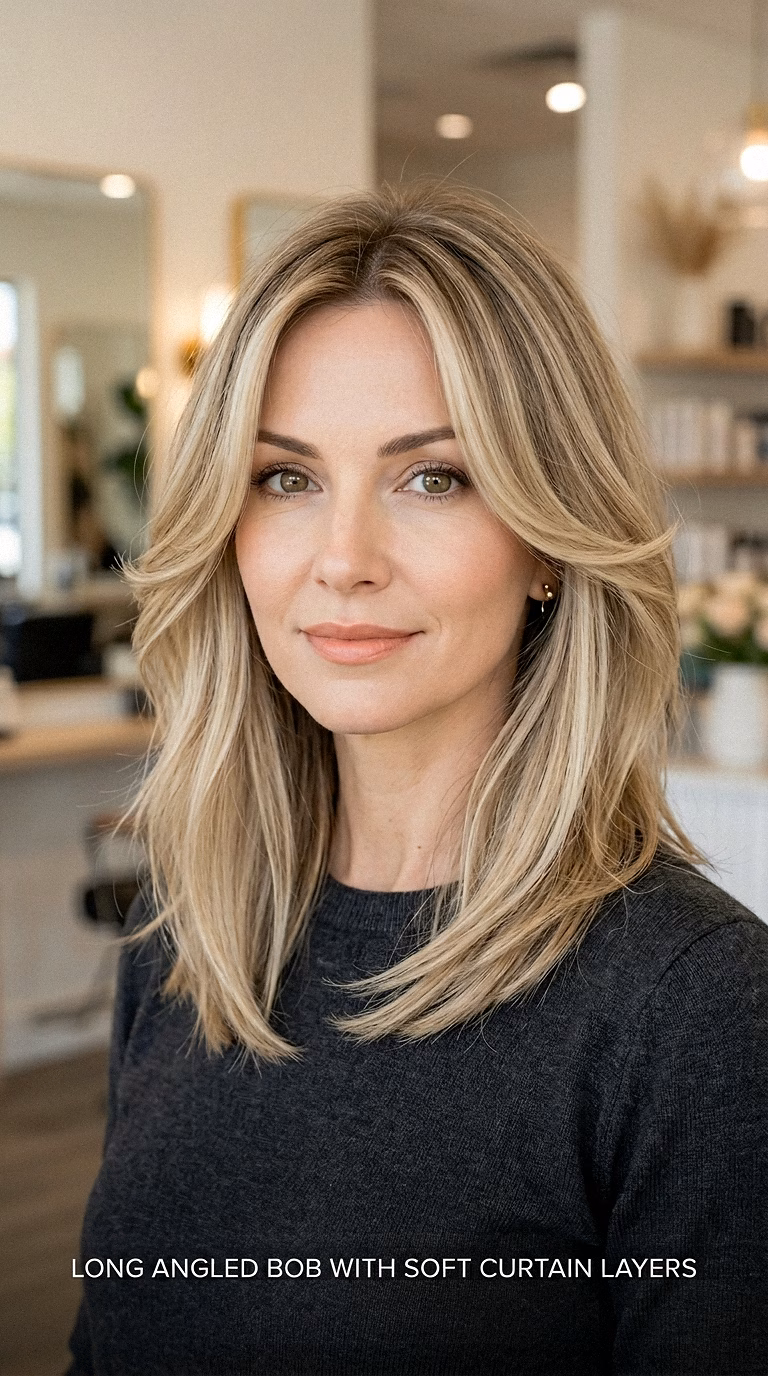 Long Angled Bob With Soft Curtain Layers