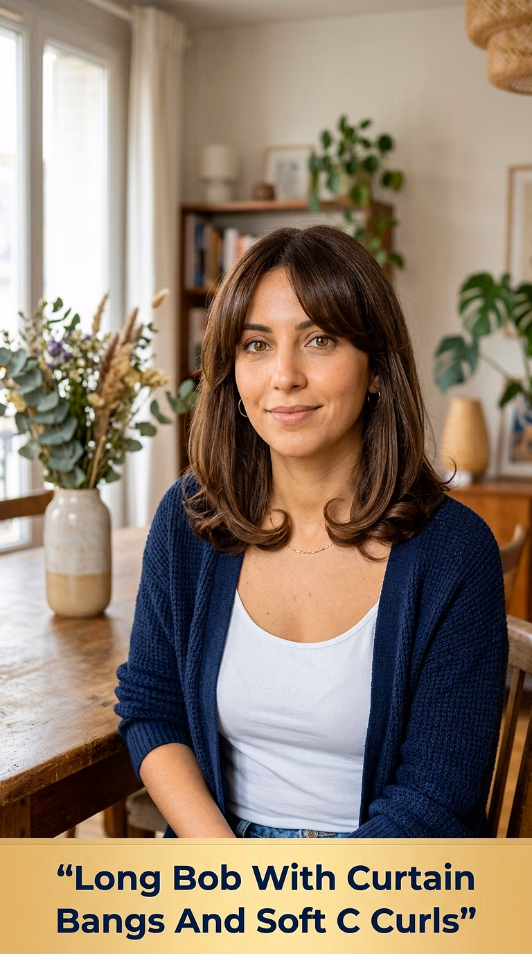 Long Bob With Curtain Bangs And Soft C Curls