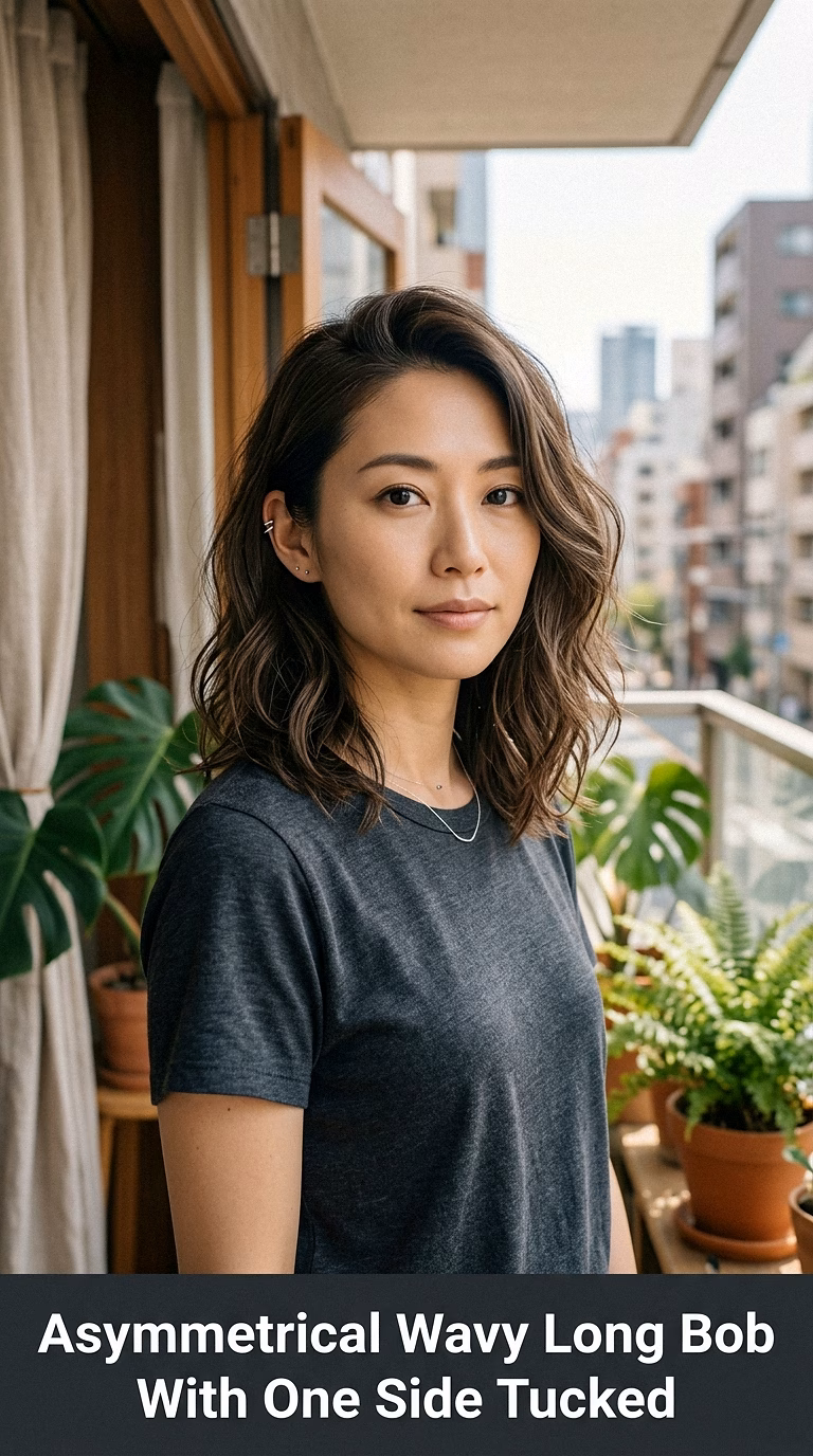 Asymmetrical Wavy Long Bob With One Side Tucked