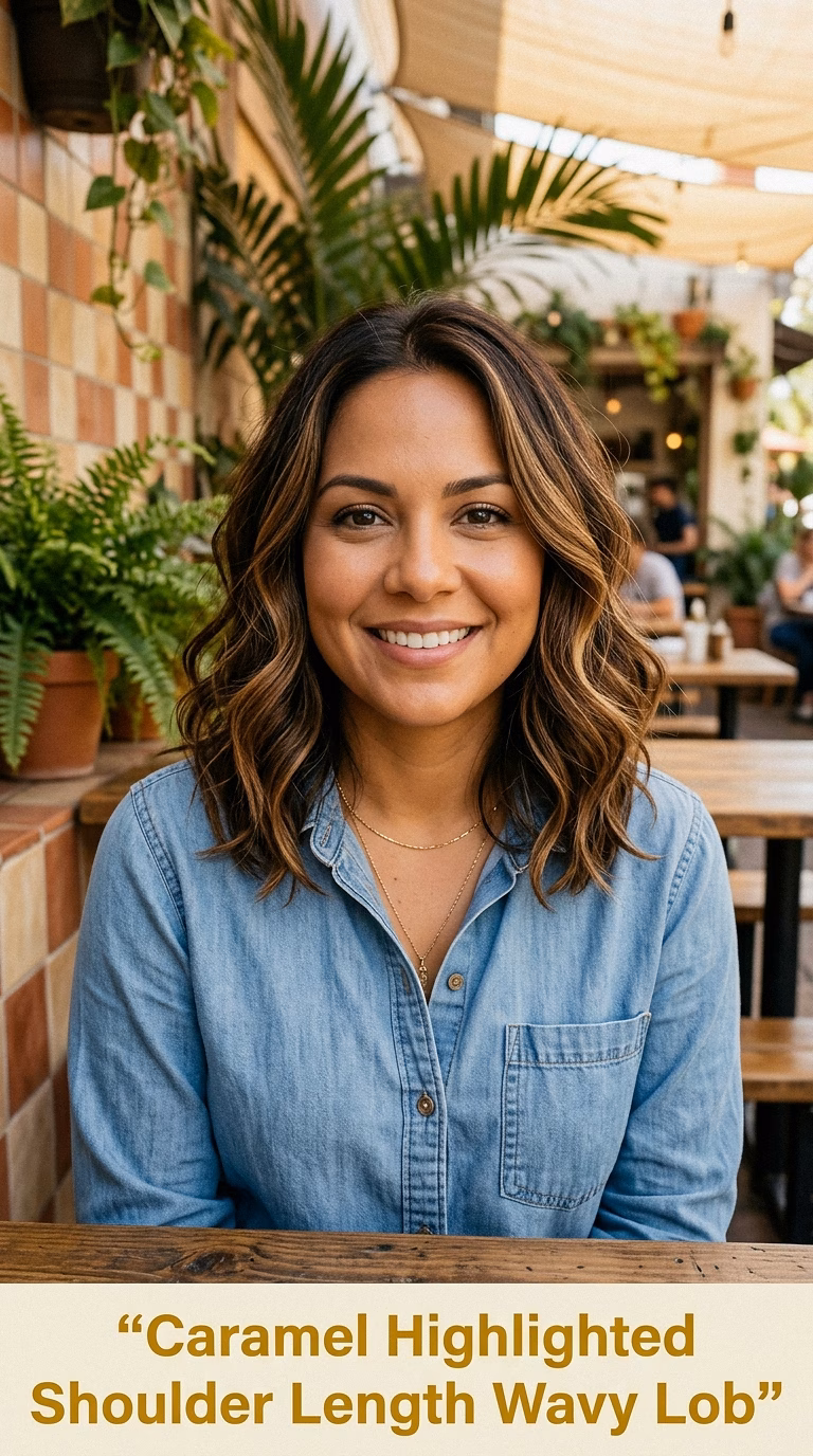 Caramel Highlighted Shoulder Length Wavy Lob
