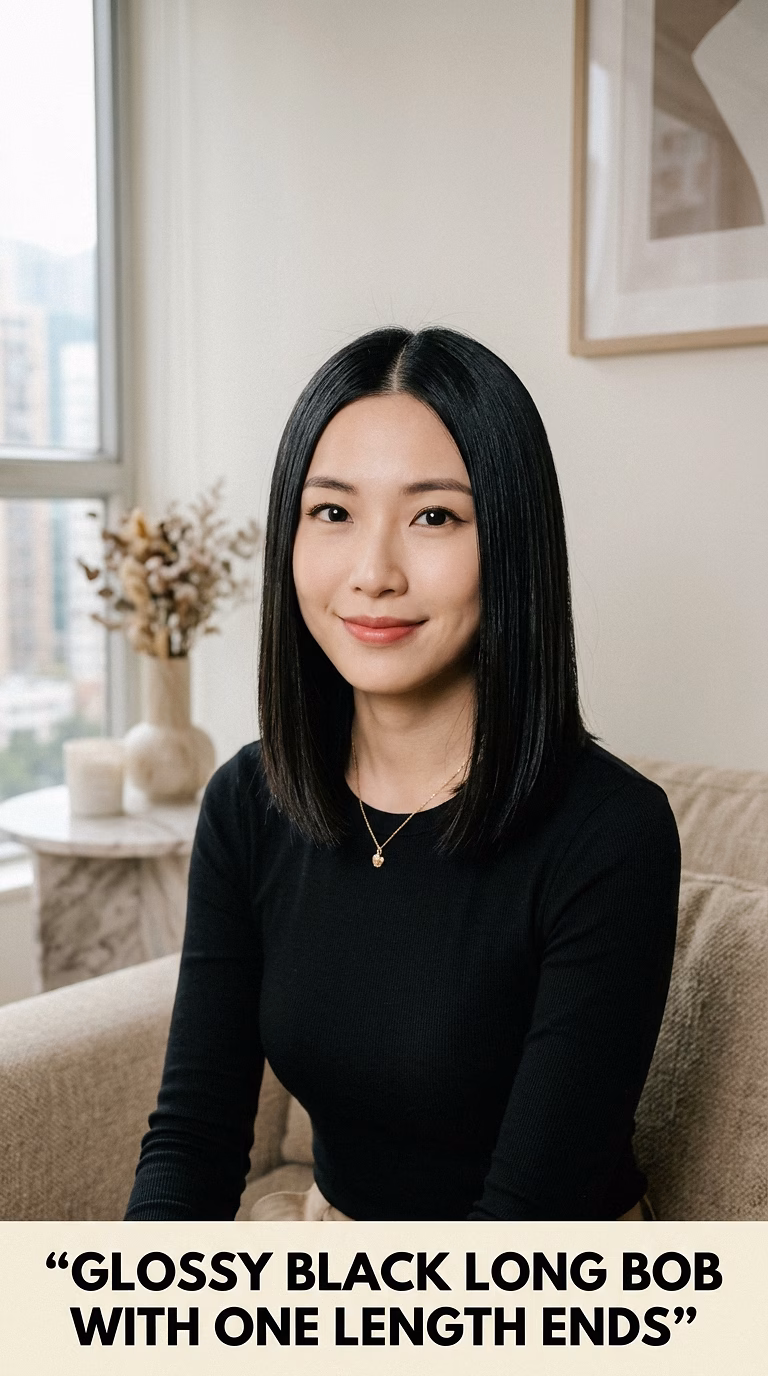 Glossy Black Long Bob With One Length Ends