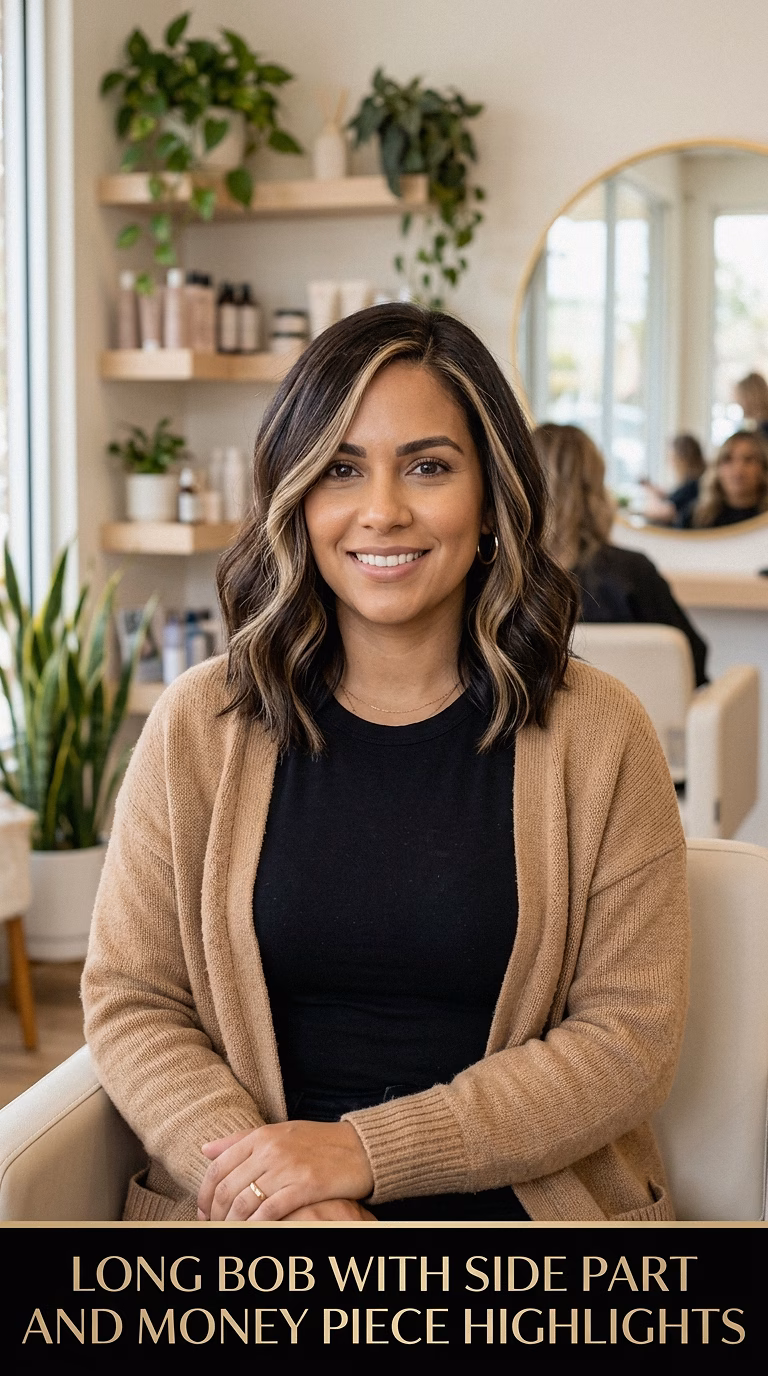 Long Bob With Side Part And Money Piece Highlights