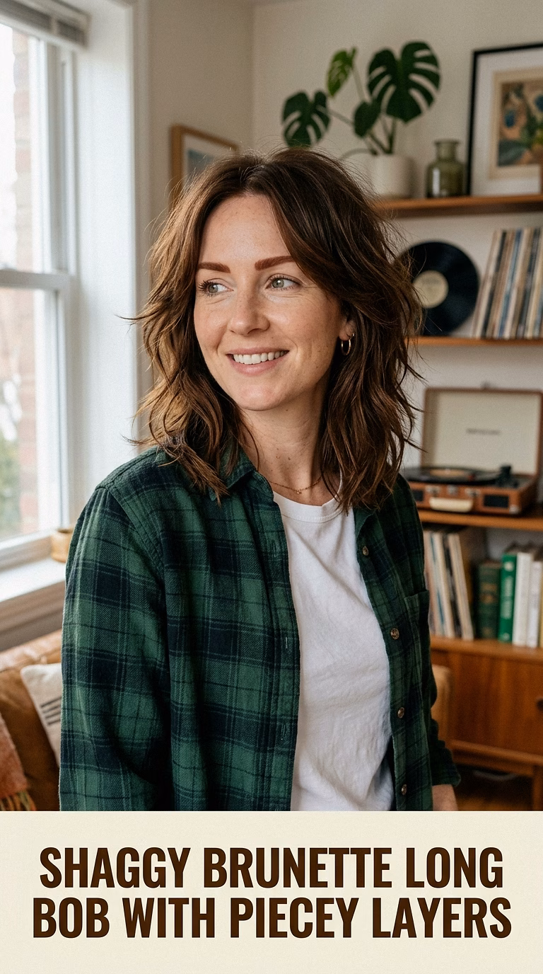 Shaggy Brunette Long Bob With Piecey Layers