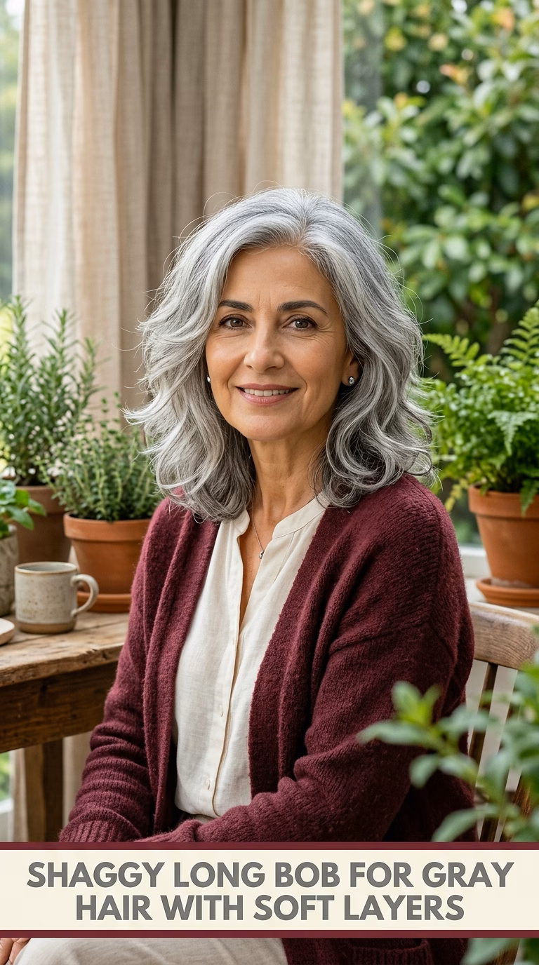 Shaggy Long Bob For Gray Hair With Soft Layers