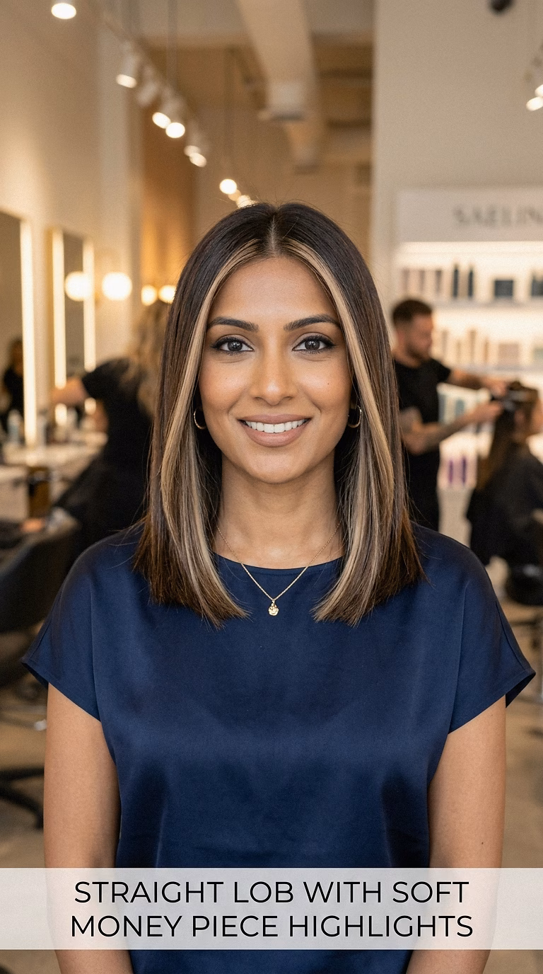 Straight Lob With Soft Money Piece Highlights