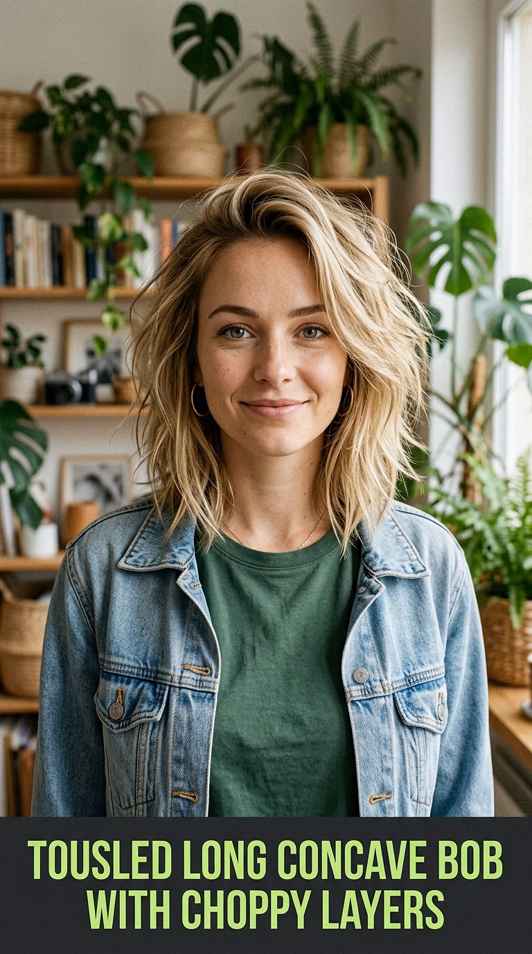 Tousled Long Concave Bob With Choppy Layers