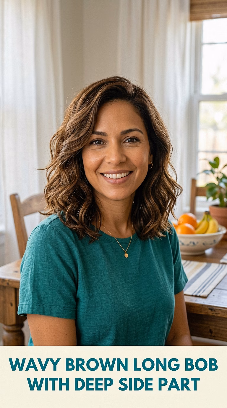 Wavy Brown Long Bob With Deep Side Part