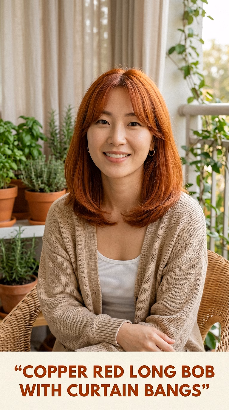Copper Red Long Bob With Curtain Bangs