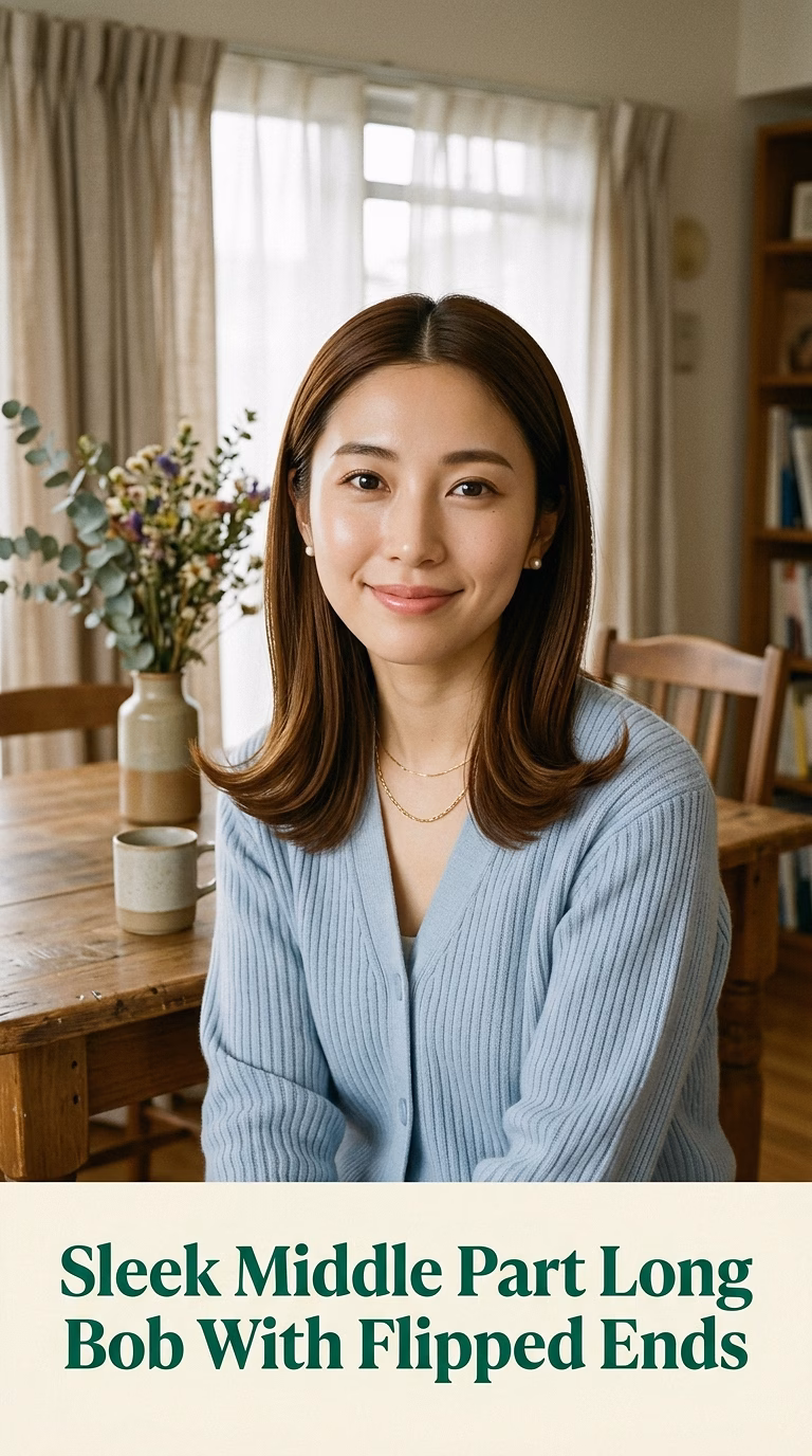 Sleek Middle Part Long Bob With Flipped Ends