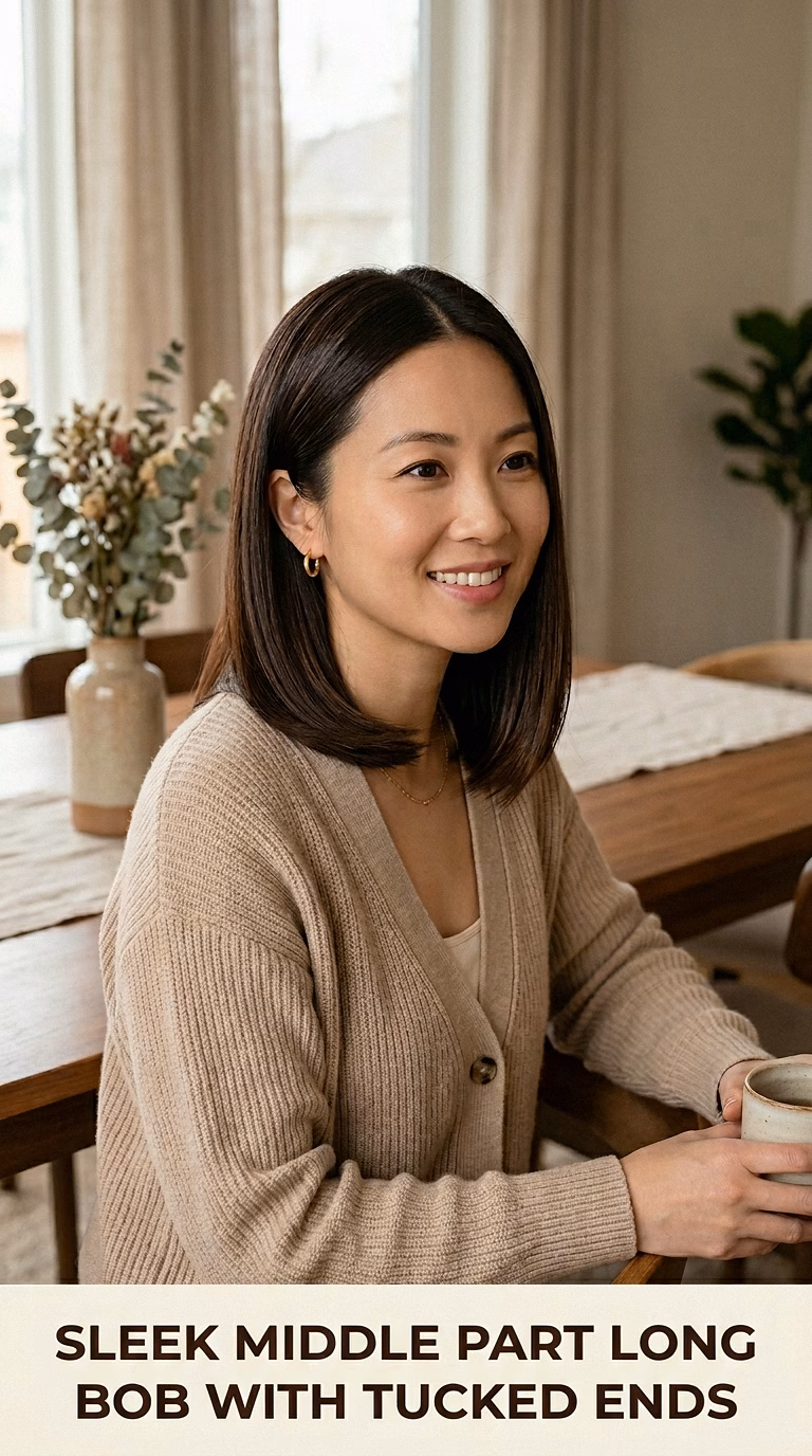 Sleek Middle Part Long Bob With Tucked Ends