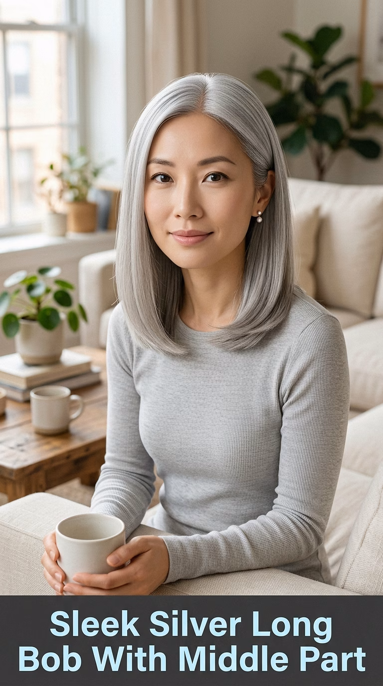 Sleek Silver Long Bob With Middle Part