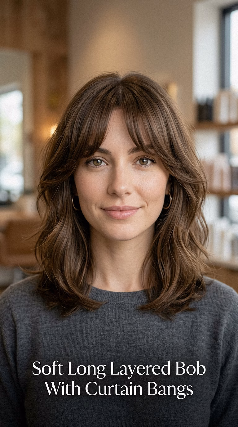 Soft Long Layered Bob With Curtain Bangs