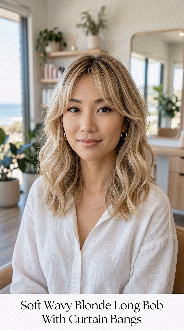 Soft Wavy Blonde Long Bob With Curtain Bangs