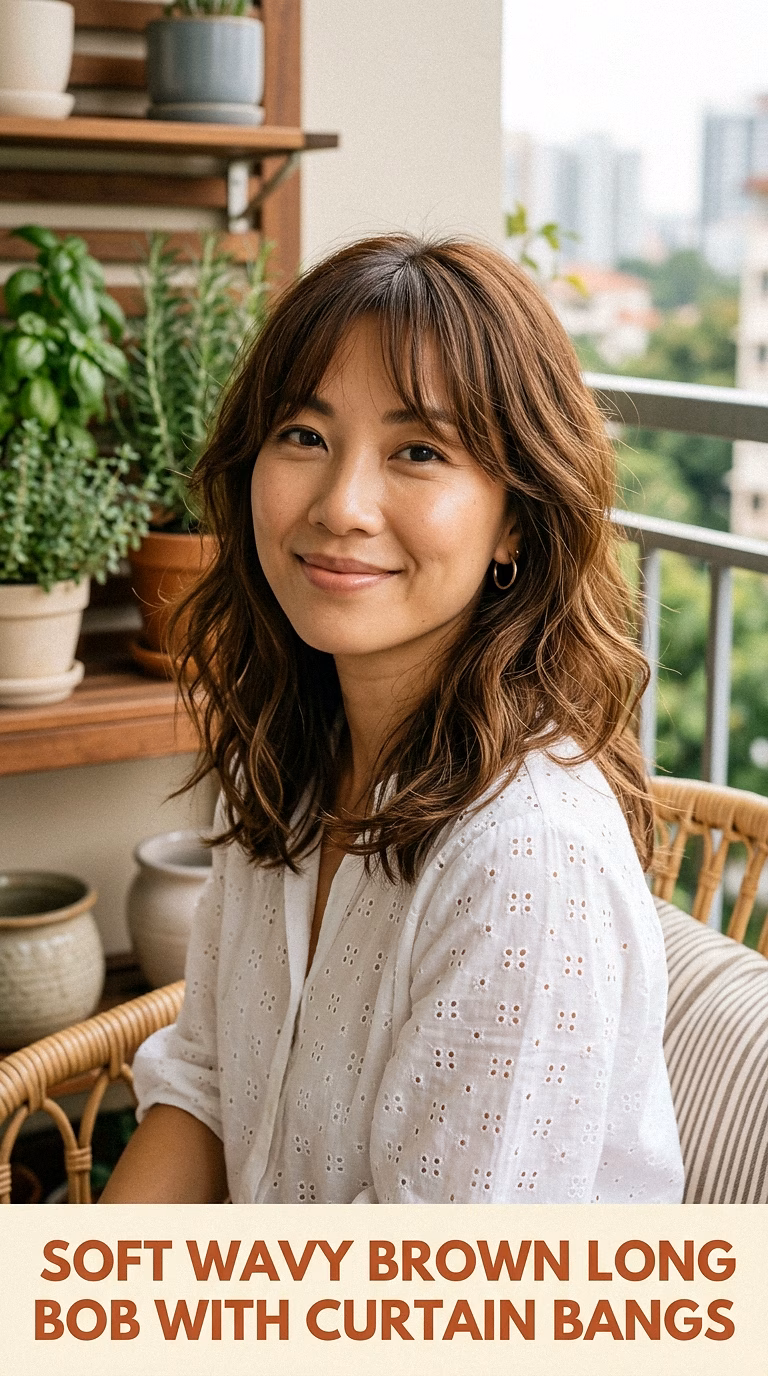Soft Wavy Brown Long Bob With Curtain Bangs