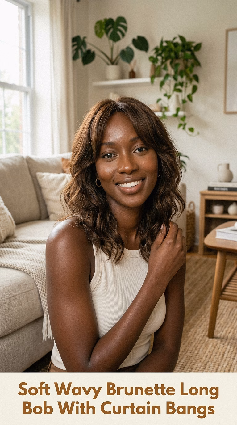 Soft Wavy Brunette Long Bob With Curtain Bangs