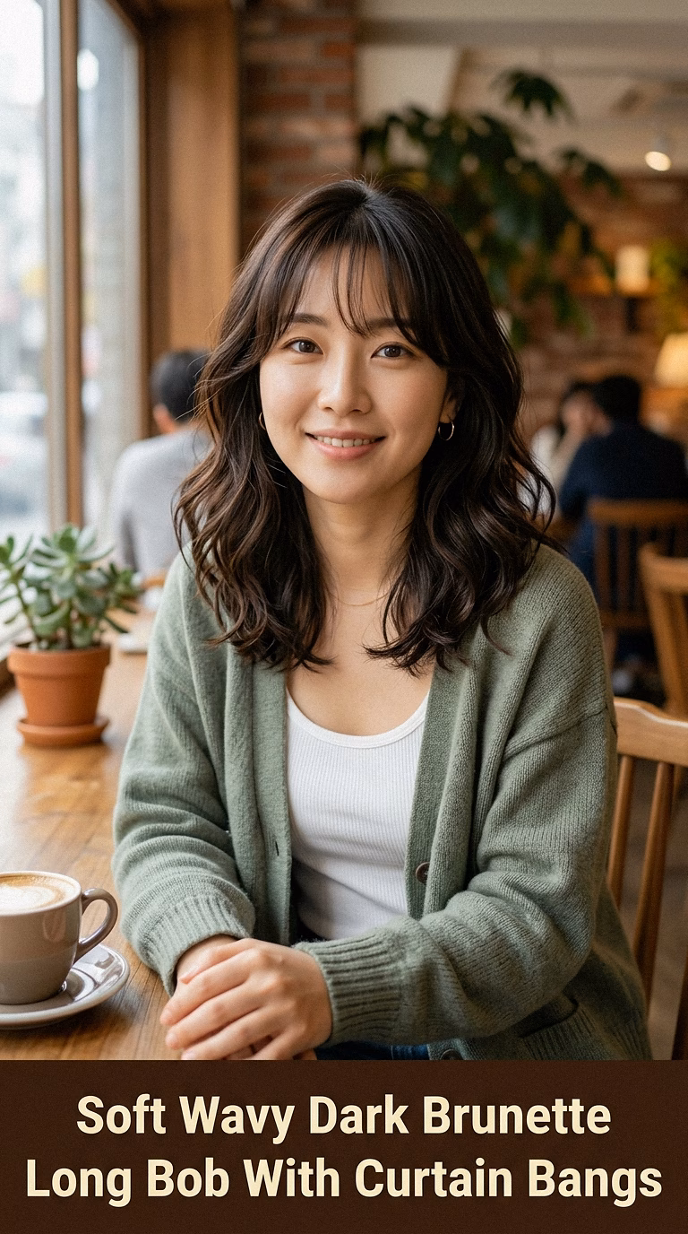 Soft Wavy Dark Brunette Long Bob With Curtain Bangs