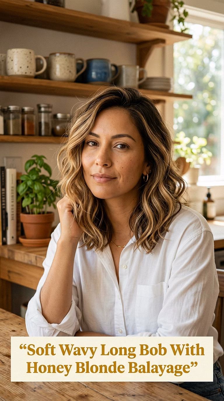 Soft Wavy Long Bob With Honey Blonde Balayage
