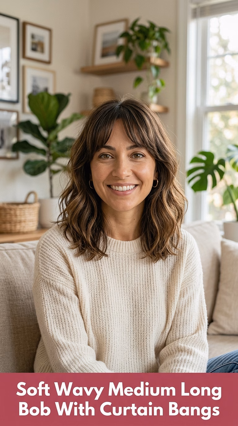 Soft Wavy Medium Long Bob With Curtain Bangs
