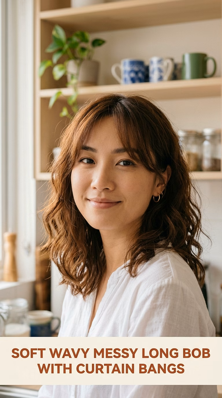 Soft Wavy Messy Long Bob With Curtain Bangs
