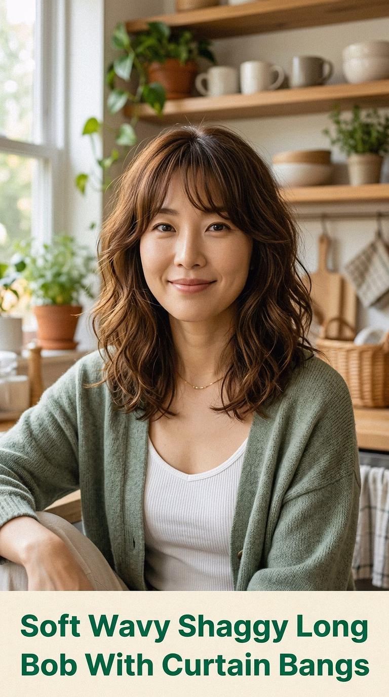 Soft Wavy Shaggy Long Bob With Curtain Bangs