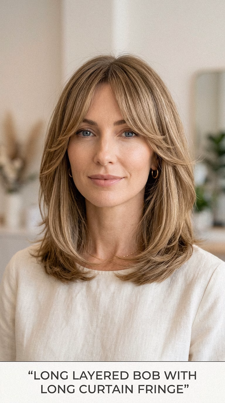 Long Layered Bob With Long Curtain Fringe