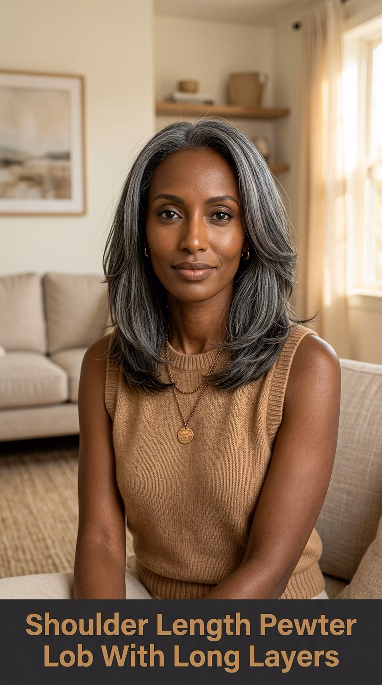 Shoulder Length Pewter Lob With Long Layers