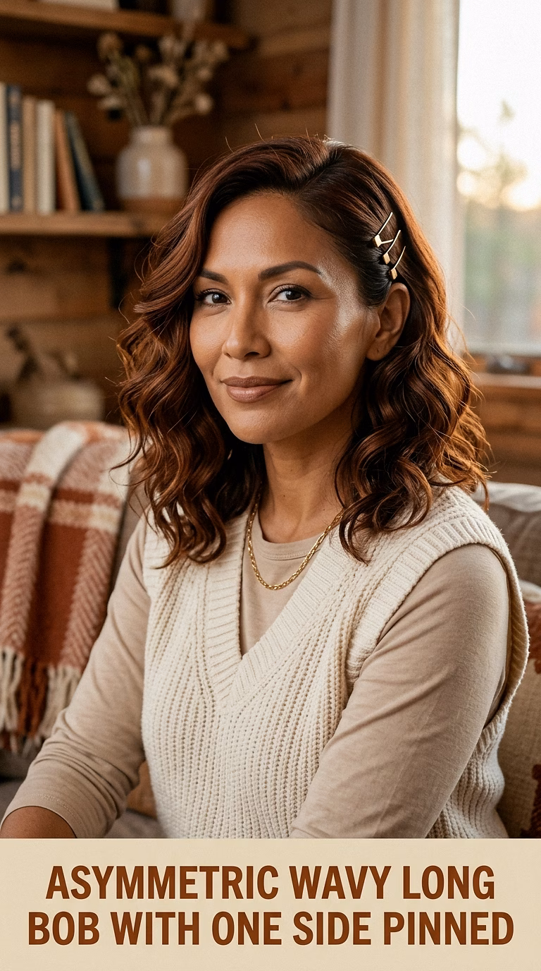 Asymmetric Wavy Long Bob With One Side Pinned