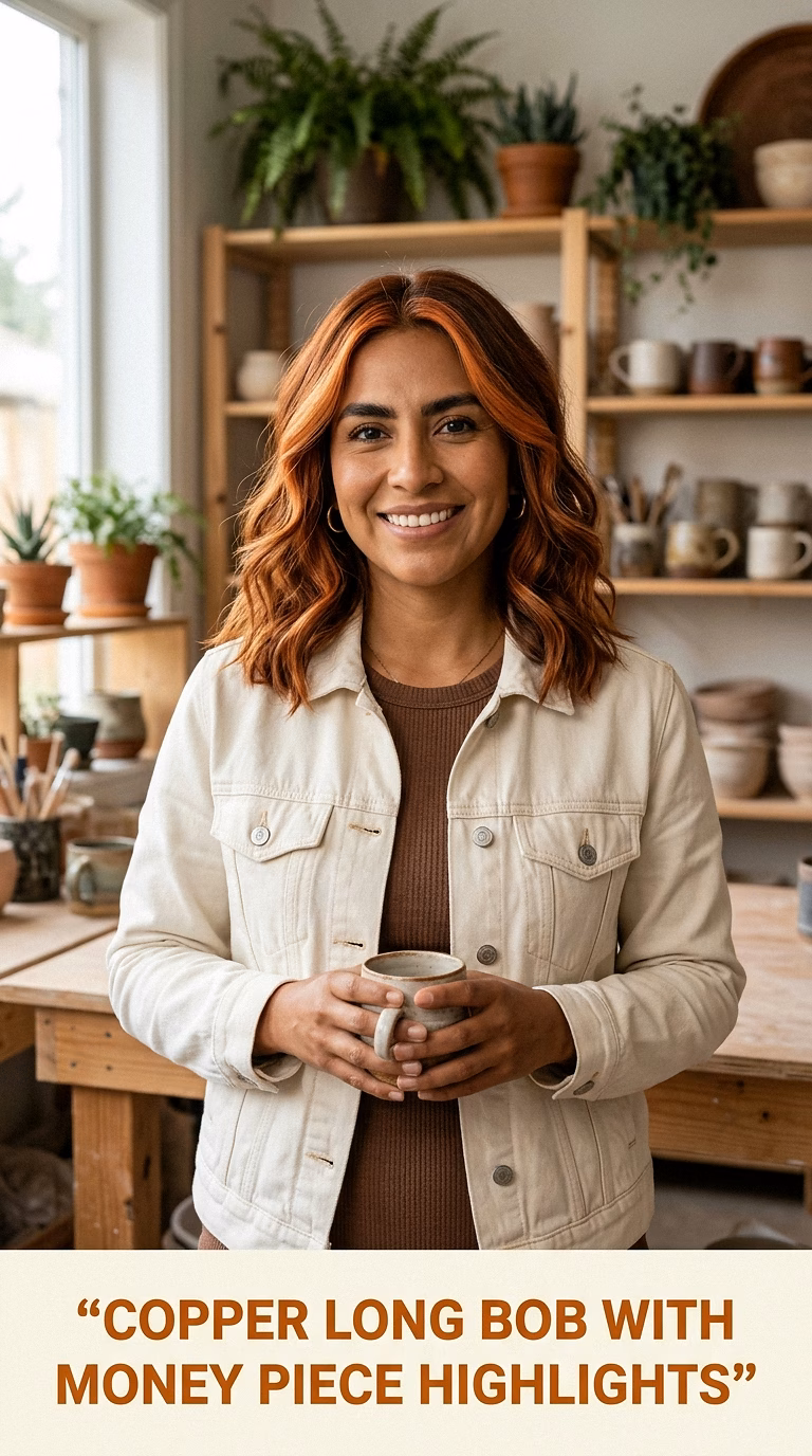 Copper Long Bob With Money Piece Highlights
