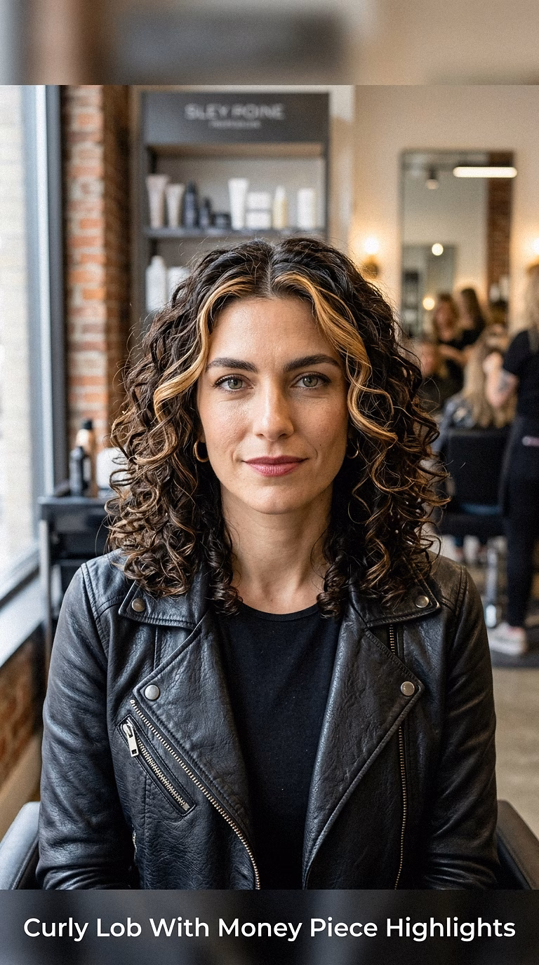 Curly Lob With Money Piece Highlights