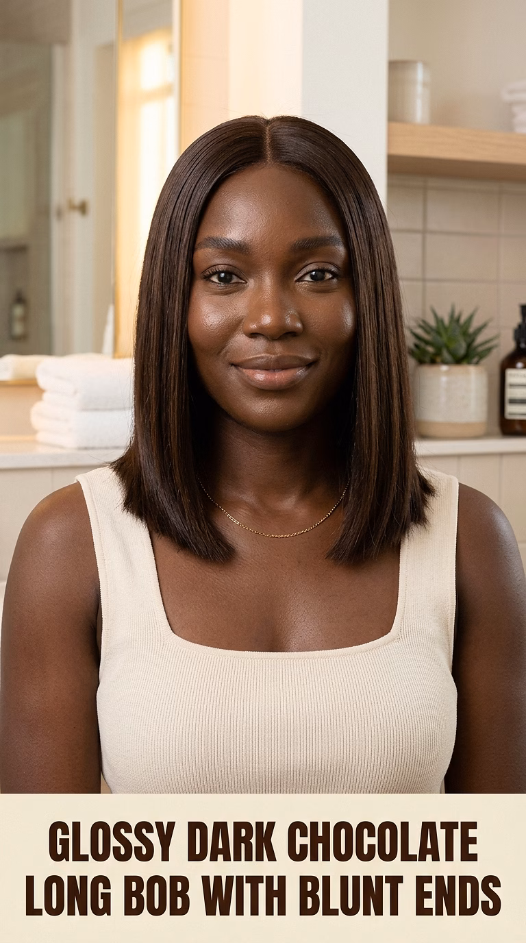 Glossy Dark Chocolate Long Bob With Blunt Ends