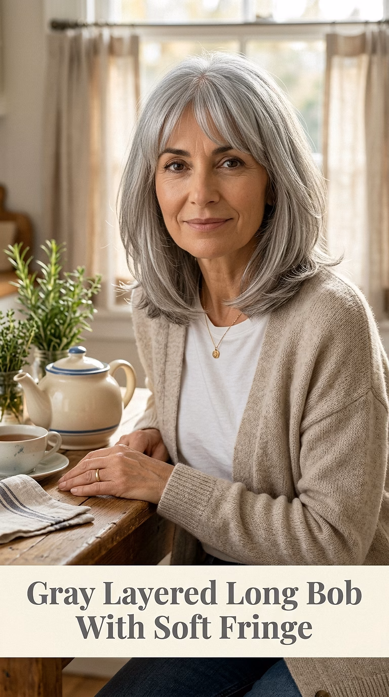 Gray Layered Long Bob With Soft Fringe