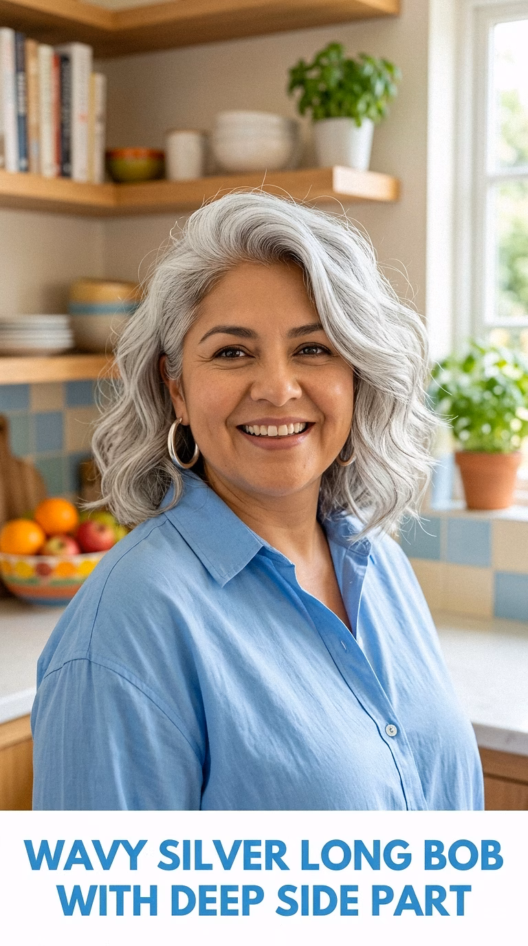 Wavy Silver Long Bob With Deep Side Part