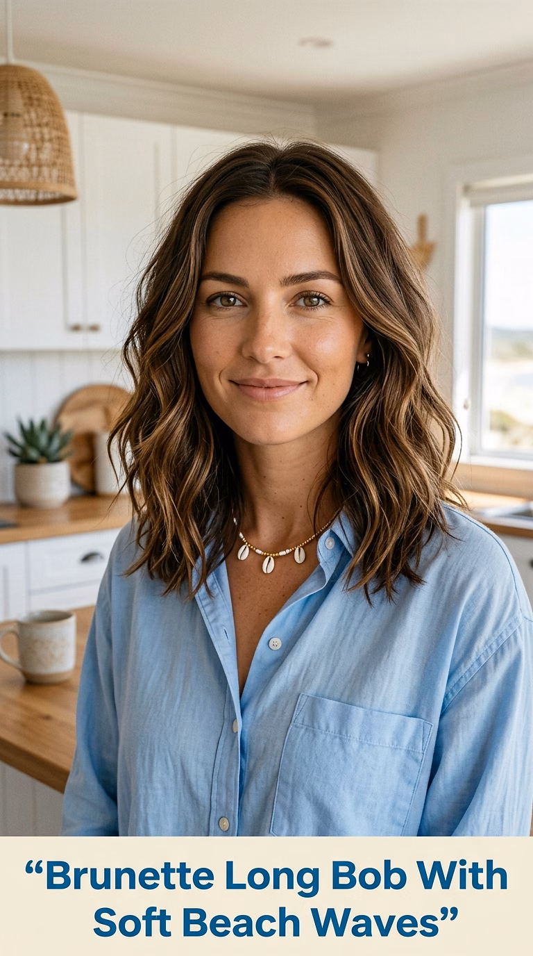 Brunette Long Bob With Soft Beach Waves