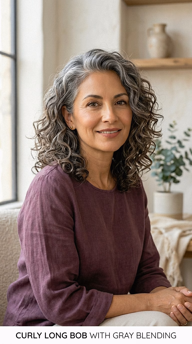 Curly Long Bob With Gray Blending
