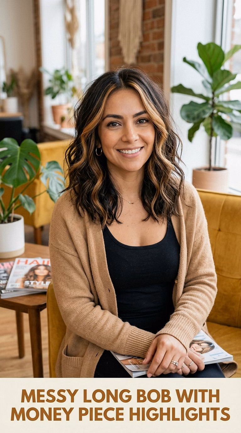 Messy Long Bob With Money Piece Highlights