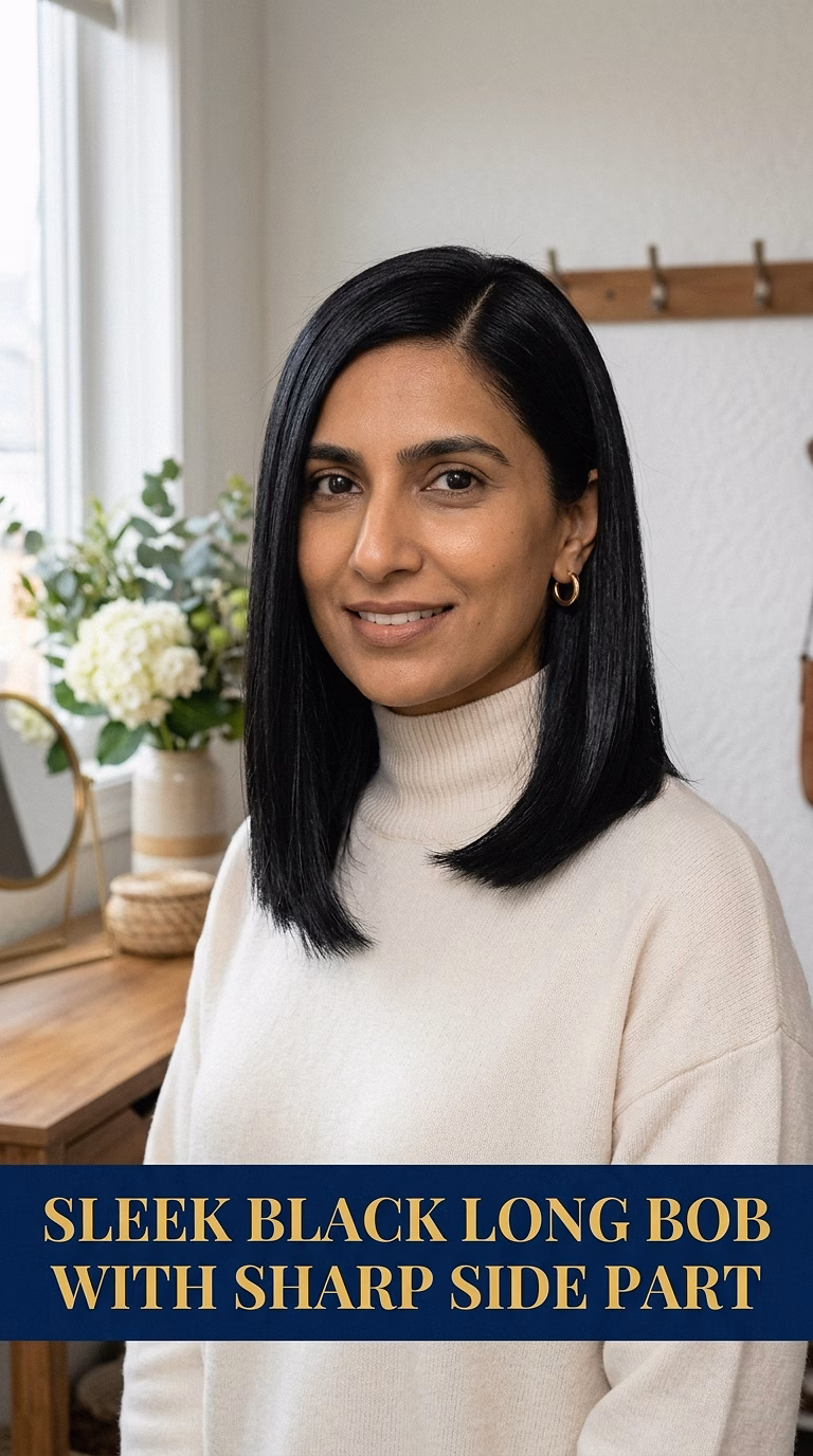 Sleek Black Long Bob With Sharp Side Part