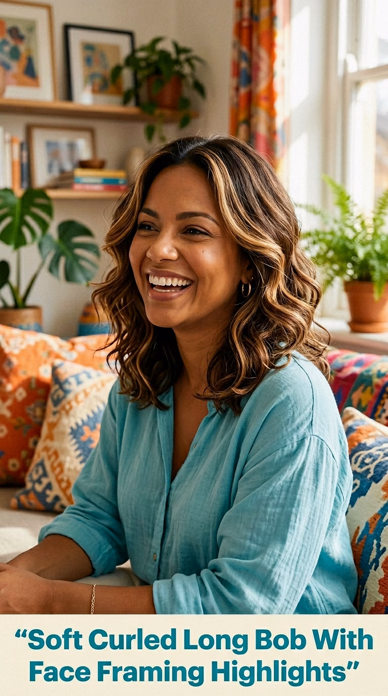 Soft Curled Long Bob With Face Framing Highlights