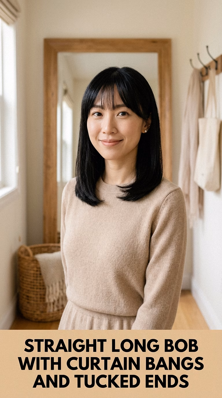 Straight Long Bob With Curtain Bangs And Tucked Ends