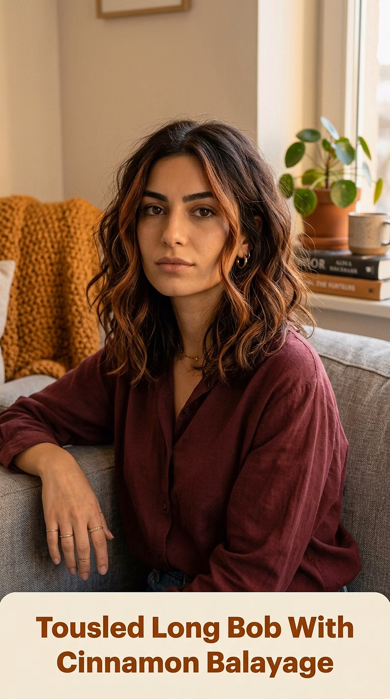 Tousled Long Bob With Cinnamon Balayage