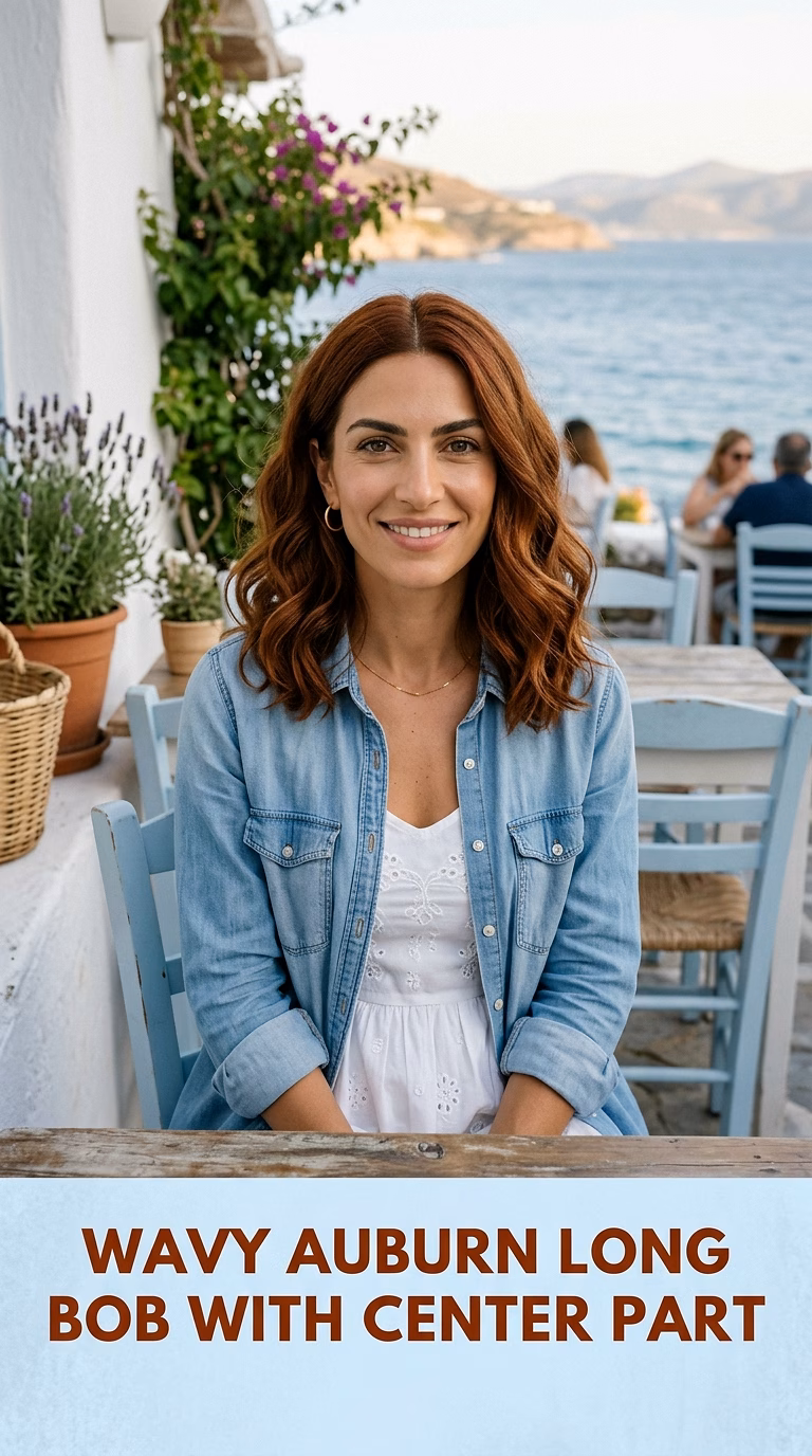 Wavy Auburn Long Bob With Center Part