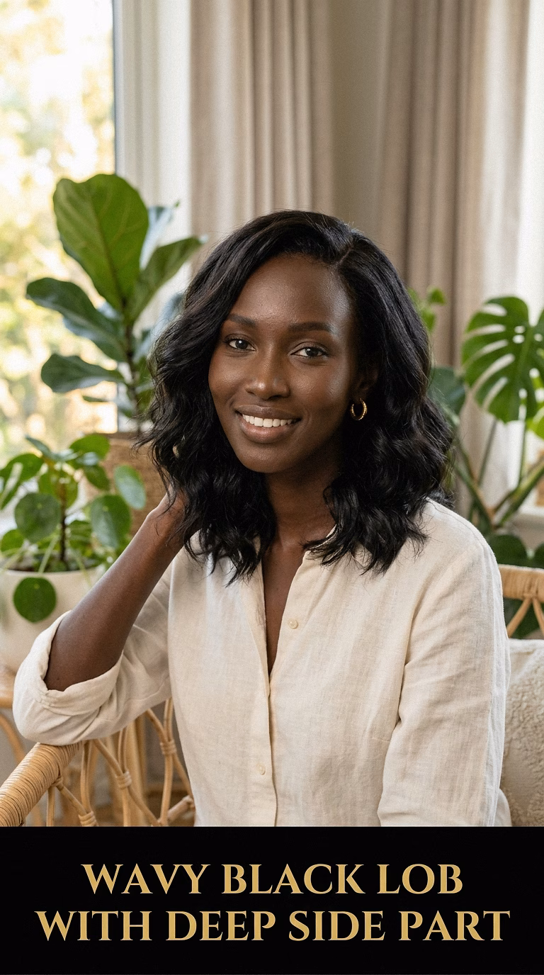 Wavy Black Lob With Deep Side Part