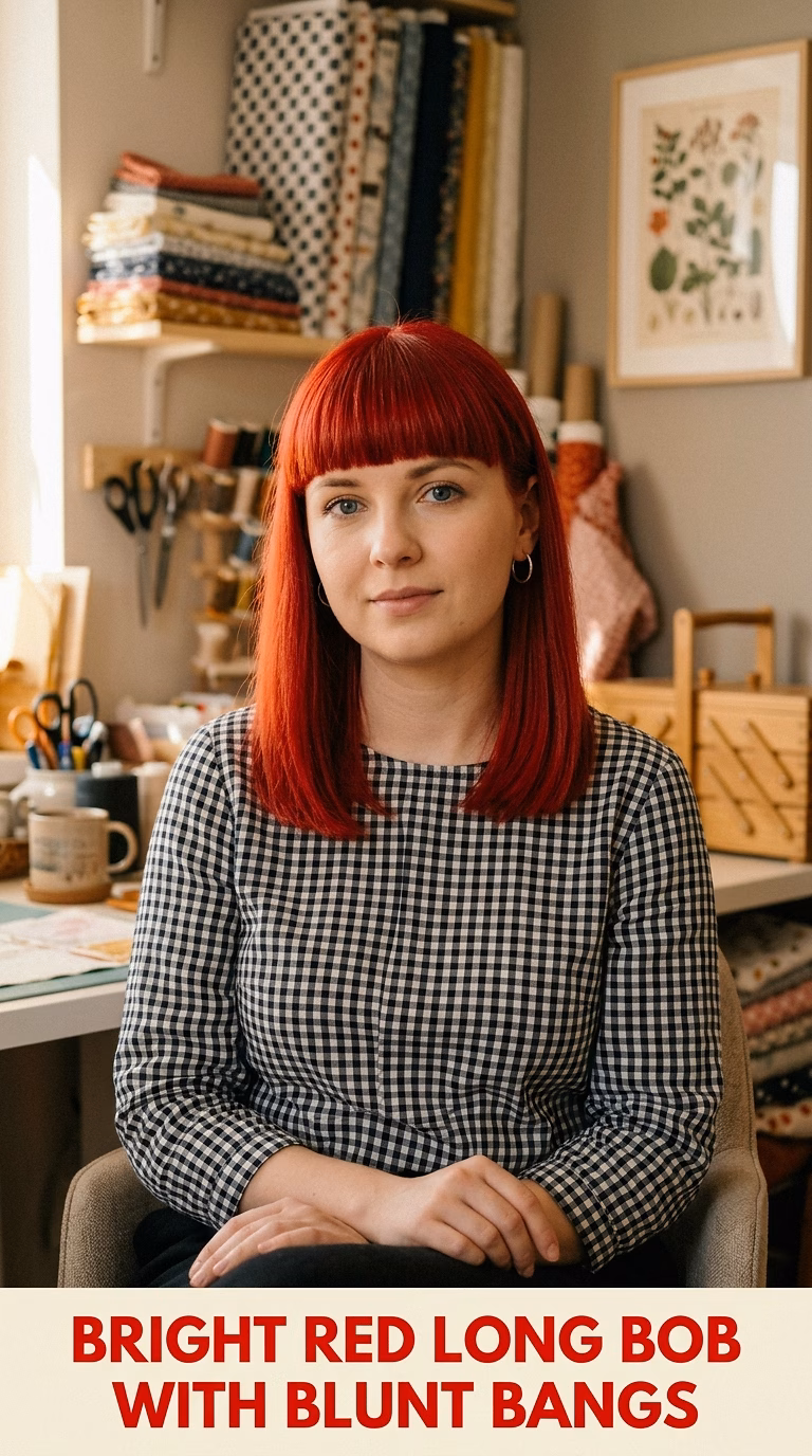Bright Red Long Bob With Blunt Bangs