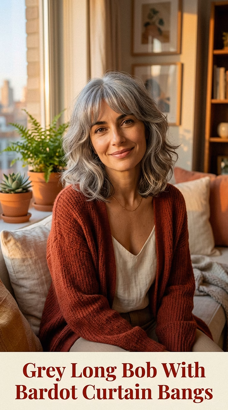 Grey Long Bob With Bardot Curtain Bangs