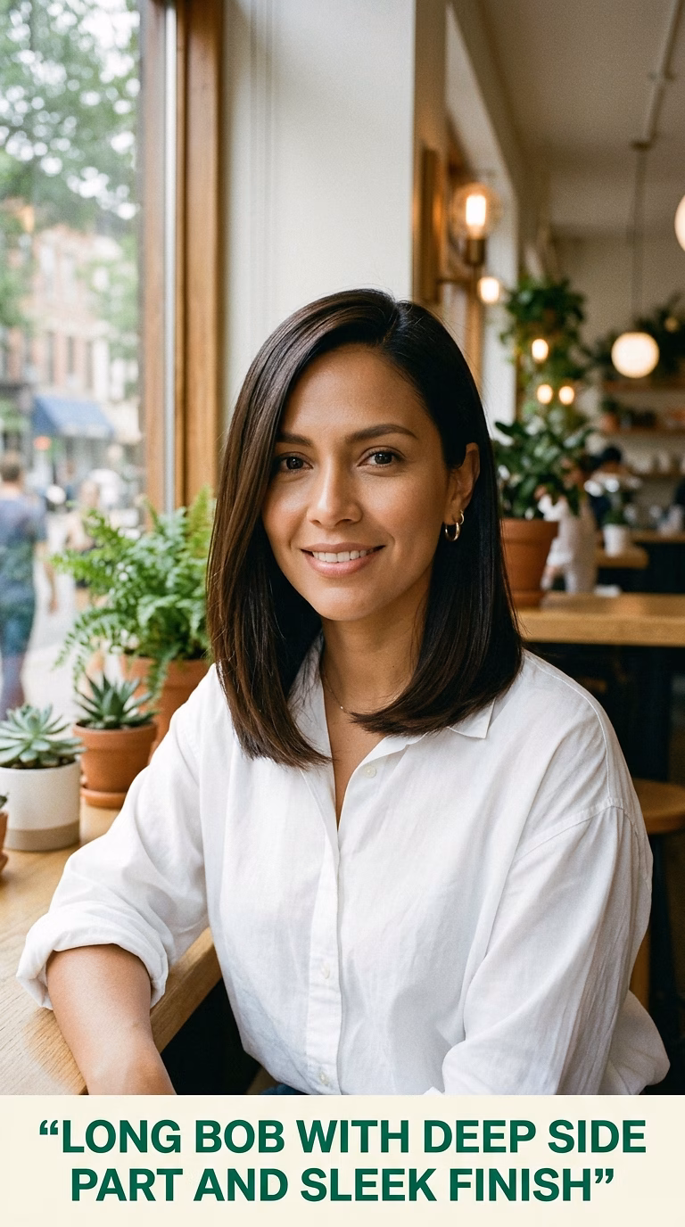 Long Bob With Deep Side Part And Sleek Finish