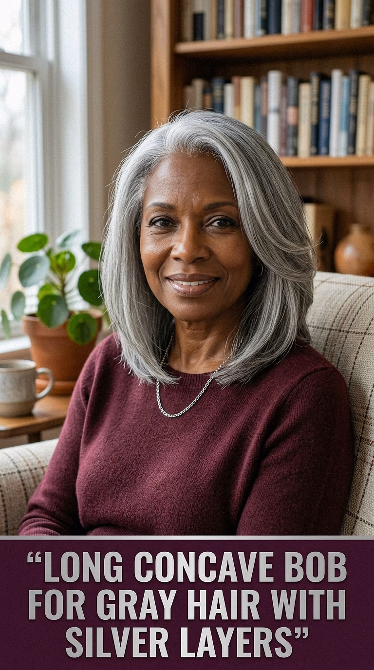 Long Concave Bob For Gray Hair With Silver Layers