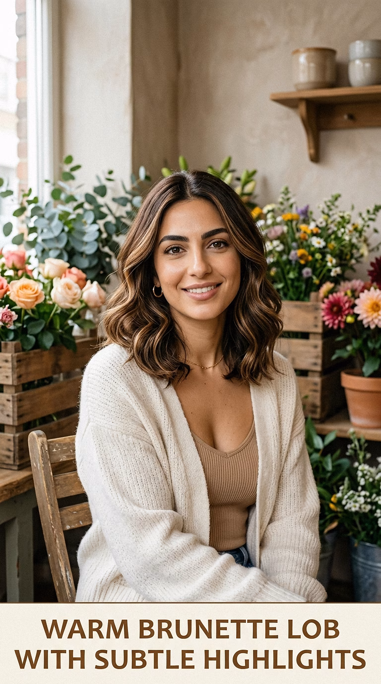 Warm Brunette Lob With Subtle Highlights