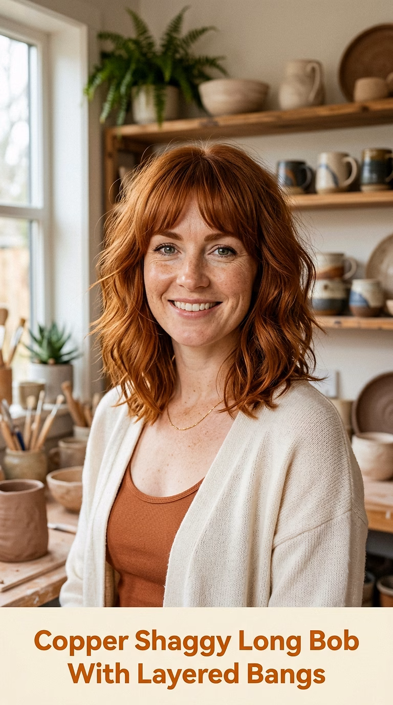 Copper Shaggy Long Bob With Layered Bangs