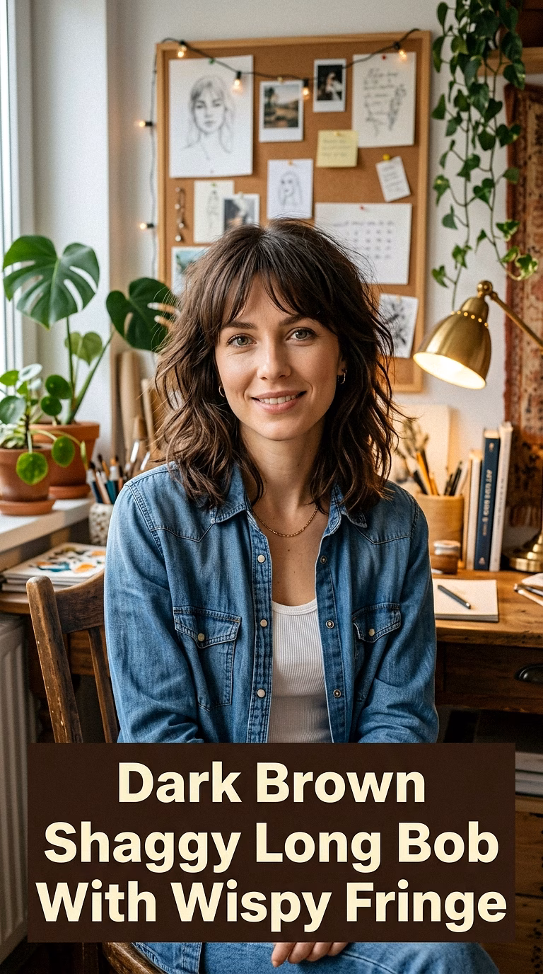 Dark Brown Shaggy Long Bob With Wispy Fringe