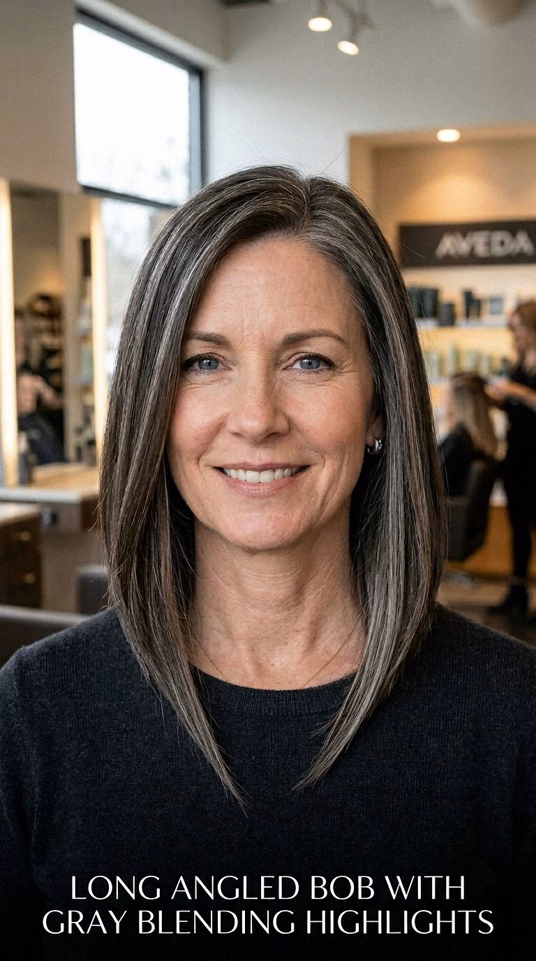 Long Angled Bob With Gray Blending Highlights